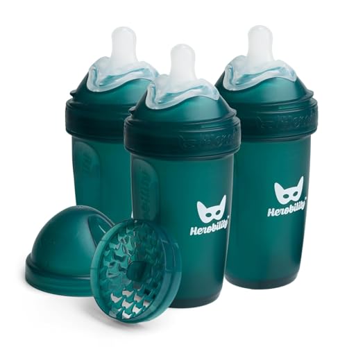Image of Herobility Anti-Colic Baby Bottles 8.5 fl oz/240ml - Pack of 3 Plastic Baby Bottles, Slow Flow Plastic Bottles, Breast-Shaped Teat for Breastfed Babies, Small Baby Bottles, Swedish Design, Dark Green