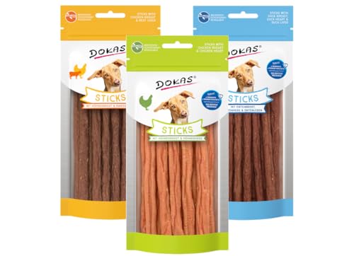 Dokas Dog Snack Sticks 3 x 60g Bundle | Hühnerbrust & Hühnerherz | Entenbrust, Entenherz & Entenleber | Hühnerbrust & Rinderleber | Getreidefrei, mit natürlichem Kollagen | Gelenkunterstützend