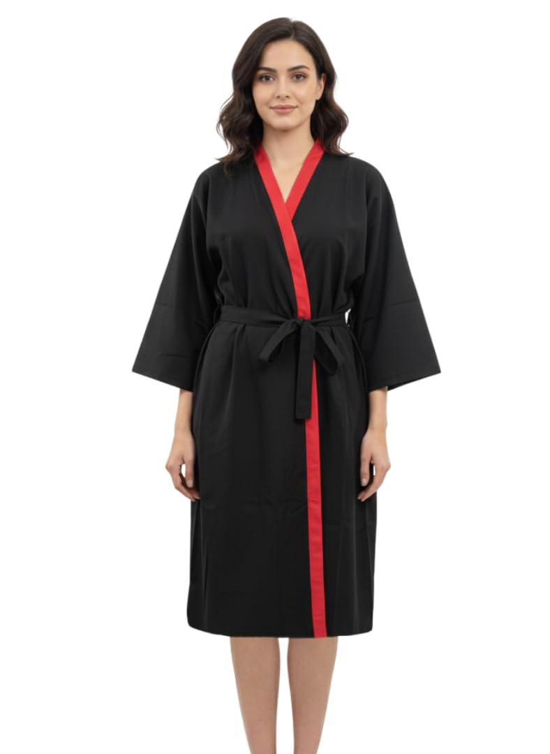 Professional Salon Hair Cutting Cape Gown for Women – Black & Red Stylish Robe with Belt | Lightweight, Water-Resistant, Adjustable Fit – Ideal for Salons, Spas, and Home Use