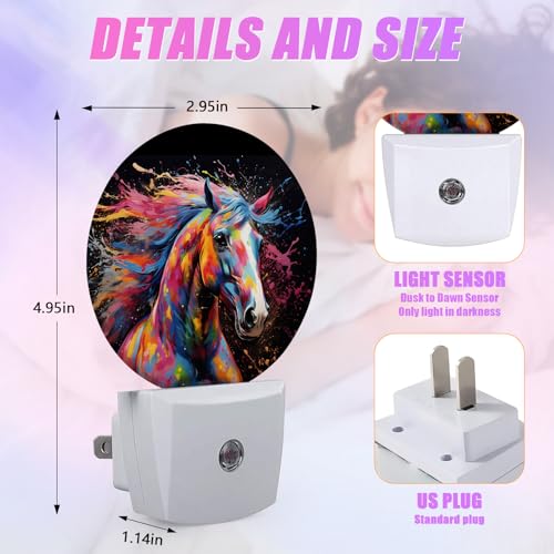 Image of Colorful Horse Night Light Night Lights LED Lamp Round Plug into Wall Nightlight with Dusk to Dawn Sensor Home Hallway Stairway Kitchen Decor