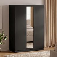 Vida Designs Denver 3 Door Mirrored Wardrobe | Black | 170H x 116W x 54D cm | Modern Bedroom Furniture | With Storage Shelf & Hanging Rail | Large Capacity Storage