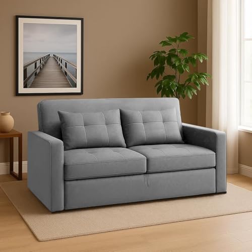 Image of FURNY Tressa 2 Seater Pull-Out Premium Fabric Sofa Cum Bed Sofa Set for Living Room (Light Grey Fabric) with Velvet Fabric