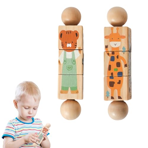 Image of Wooden Animal Puzzle Toy for Toddlers 1-3, Rotating Spin Twist Blocks Set of 2, Learning Educational Montessori Toy Gifts for Kids Boys Girls, Giraffe & Brown Bear