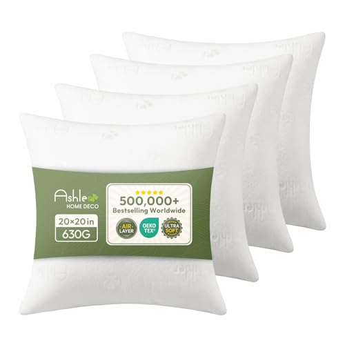 Ashler Throw Pillows Insert- 20x20 Pillow Inserts with Air Layer Premium Bed and Couch Pillows - Indoor Decorative Throw Pillow Square Cushion Sham Stuffer Pack of 4 White