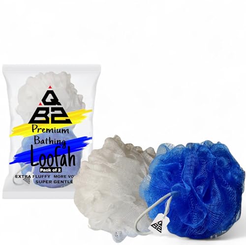 Image of QBZ Large Bath Loofah Sponge Scrubber Exfoliator for High Lather Cleansing (BLUE &WHITE, 1 Count (Pack of 2))