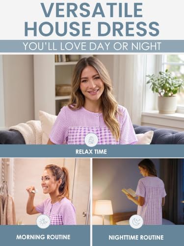Image of Casual Nights Women's Snap - Front House Dress Short Sleeve Woven Housecoat Duster Lounger Robe with Pockets