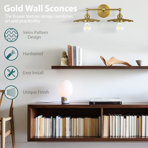 Image of Vintage Brass Bathroom Light Fixtures, 2-Light Flower Wall Sconce with Decorative Lotus Petal Metal Shades, Industrial Bathroom Vanity Light for Mirror, Bedroom, and Hallway
