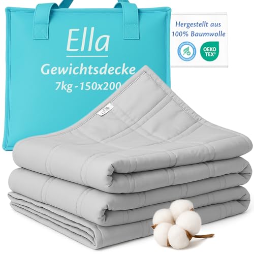 Ella Gewichtsdecke 150x200 7kg - Anti Stress Therapiedecke - Schwere Decke aus 100% Baumwolle - Bettdecke für tiefen Schlaf & bessere Erholung Weighted Blanket Für Männer Frauen von 55-85kg Grau