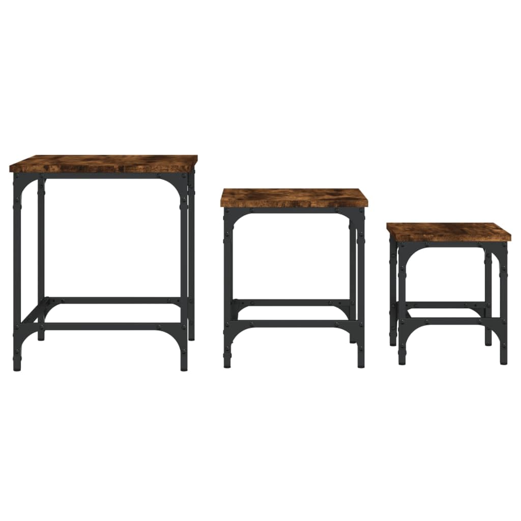 Mesa de reunión, 3 piezas, material de madera ahumada, juego de mesa de café de diseño industrial, mesas auxiliares estables para sala de estar, dormitorio, oficina, ahorro de espacio