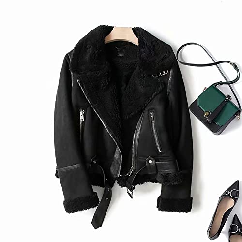 FUPODD Lederjacke Damen Gefüttert Winterjacke Damen Warm Leder Jacke Damen Winter Ledermantel Frauen Innenfutter Fellkragen Wintermantel Innen Mit Fell Fleece Motorrad Vintage Mantel Reißverschluss