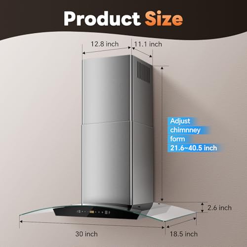 Image of Range Hood 30 Inch, Tieasy Wall Mount Kitchen Hood with Ducted /Ductless Convertible Duct, Stainless Steel Chimney and Baffle Filters, Touch Control Fan Timer, LED Lights, 3 Speed Fan