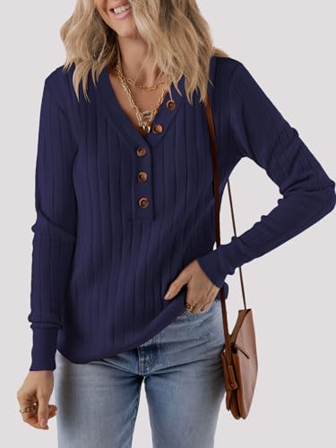 Image of MEROKEETY Women's 2025 Long Sleeve V Neck Ribbed Button Knit Sweater Solid Color Tops