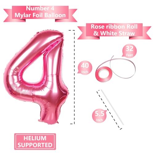 Image of 40 Inch Giant Hot Pink Number Balloon, Mylar Foil Helium Hot Pink Balloons for Birthday Party, Number 4 Balloon for Birthday Decorations, Hot Pink 4 Birthday Balloon