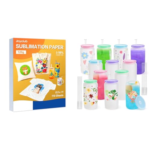 Joyclub Bundle of Sublimation Paper 8.5x11 Inch 110 Sheets and 12 Pack 16 OZ Sublimation Frosted Glass Cups with Acrylic Lids