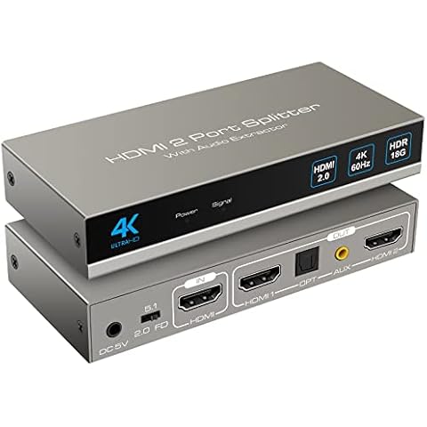 HDMI Splitter Audio Extractor 1 in 2 out 4K60HZ HDMI Dual Monitor Adapter with Optical Toslink SPDIF+3.5mm Audio out for Dual Monitors Duplicate/Mirror only Supports Auto Downscaling HDCP2.3 HDMI 2.0b Cover