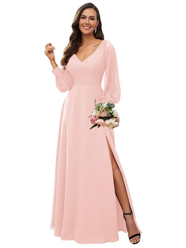 Long Bridesmaid Dresses with Slit A Line Floor Length V Neck Long Sleeve Chiffon Wedding Guest Dresses for Women