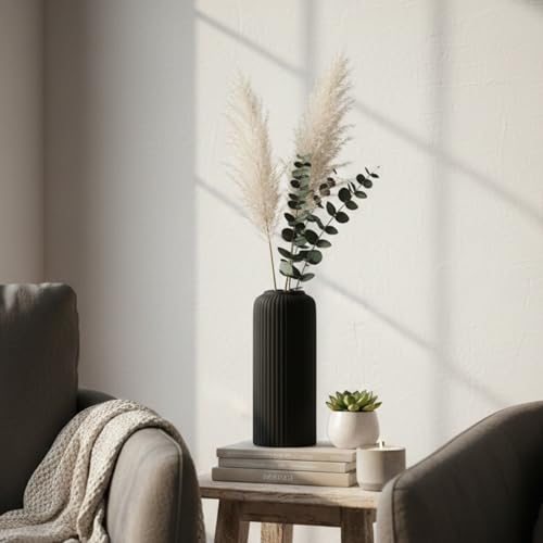 Image of KREATIVE ART'S Modern Ribbed Design Ceramic Flower Vase for Living Room, Flower Pots for Artificial Flower, Home Decoration Item, Home Decor, Vases for Living Room (Black, Medium)