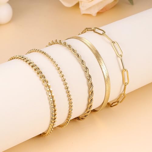 LOLIAS 5 Pcs Bracelet for Women Gold Silver Stainless Steel Stacking Bracelets Rope Cuban Figaro Bead Chain Gold Silver Bracelets Link Charm Bracelets Set Jewellery for Women - Image 7
