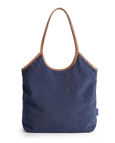 Image of BAGSMRT Corduroy Tote Bag for Women with Zipper Casual Shoulder Bag | Lightweight Travel Tote Hobo Handbag with PU Leather Handles Beach Bag for Travel Shopping Campus