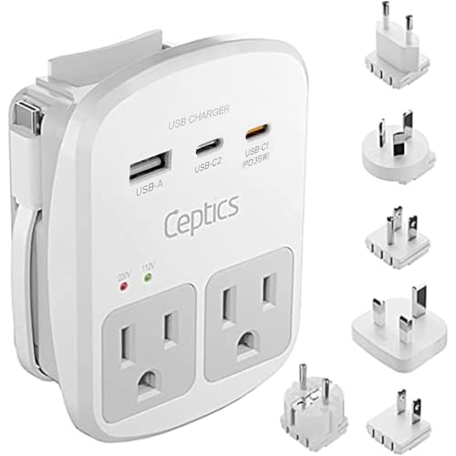 Ceptics 35W Universal Travel Adapter Kit – 2 USA sockets, USB-A, USBC, 1x PD 35W USB-C and USBC Cable, Surge Protected, Plugs for EU, UK, China, AU, Japan – for Laptop, Phone, Camera-ETL Tested