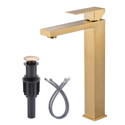 ARCORA Vessel Sink Faucet Brushed Gold, Single Handle Tall Bathroom Faucet, Single Hole Lavatory Vanity Mixer Tap with Pop Up Drain and Supply Lines Tall Brushed Gold