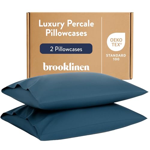Brooklinen Luxury Sateen Pillowcases - Set of 2, 100% Long Staple Cotton with Envelope Closure, Smooth Fabric, Soft & Durable, Machine Washable - Standard Size (Abyss)