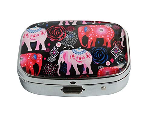 HaLuLu Beautiful Elephants with Flowers Personalized Design Square Pill Case Decorative Metal Organizer Unique Gift