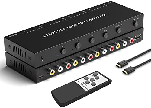 4 AV to HDMI, 1080P/720P 4 Way RCA Composite CVBS AV Switch to HDMI Converter Adapter Support 4:3/16:9 Switching, for Sega Xbox PS1 PS2 PS3 N64 NGC SNES WII VHS VCR Camera DVD (with Remote)