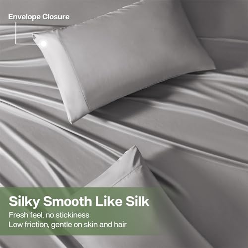MR&HM Twin Sheets Set, 3-Piece Cooling Sheets, Rayon Derived from Bamboo & Polyester Blend, Soft & Silky, 15" Deep Pockets with Elastic Straps, Hotel Luxury for Hot Sleepers, Silver Grey