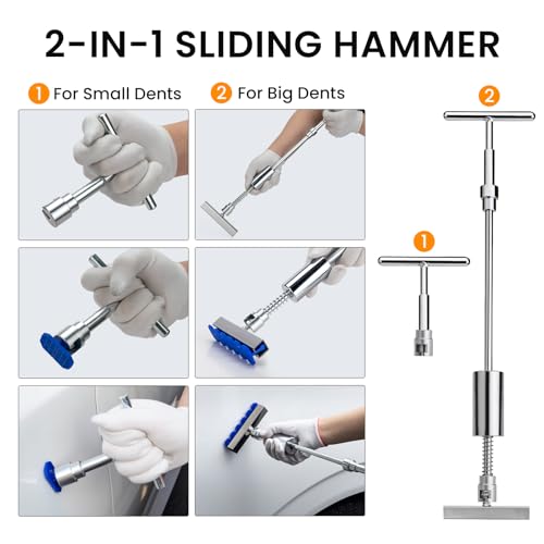 Image of Car Dent Puller Kit,Paintless Dent Removal Kit,Car Dent Repair Kit with Slide Hammer 2 in 1 T-bar, Bridge Puller,Golden Lifter,Dent Remover Tool for Car Hail Damage DIY Repair