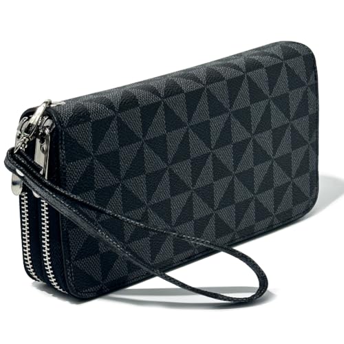 Veki Carteira feminina com bolso duplo com zíper e alça de pulso, bolsa de couro para cartão de crédito para mulheres e homens, Preto A, Simples