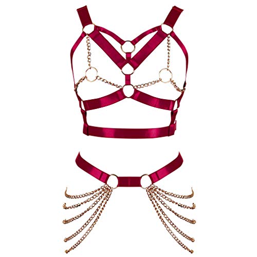 Women's Body Harness Bra Punk Garter Belt Elastic Adjustable Metal Chain Bra Dance Carnival Gothic Costume Accessories (Wine Red)