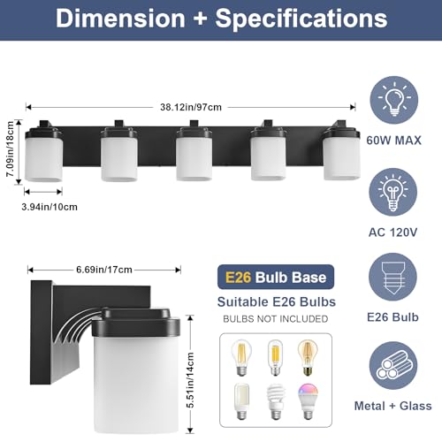 Image of 36.5 Inches Bathroom Vanity Light, 5-Light Black Bathroom Light Fixtures Over Mirror, Bathroom Light Shower Lamp with Milky White Square Glass Shade, Modern Farmhouse Lighting Fixtures