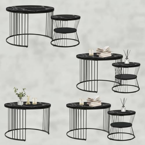 Image of Round Coffee Table Set of 2 for Living Room Wooden Top with Gold Metal Frame Modern Nesting Center Table for Sofa Area Home & Office Furniture (Full Black)