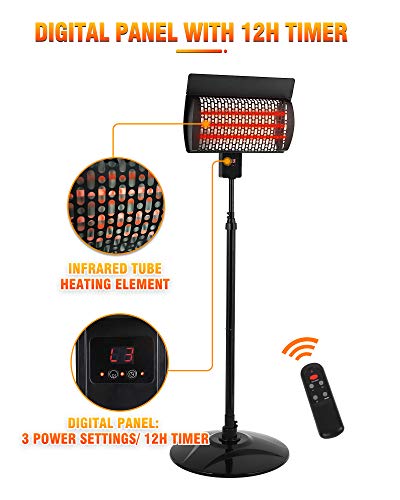 Sunday Living Electric Patio Heater, Outdoor Heater, 1500W Infrared Heater with 3 Power Settings, Digital Panel with 12H Timer, Adjustable Height Space Heater, in/Outdoor, SPH-15NR