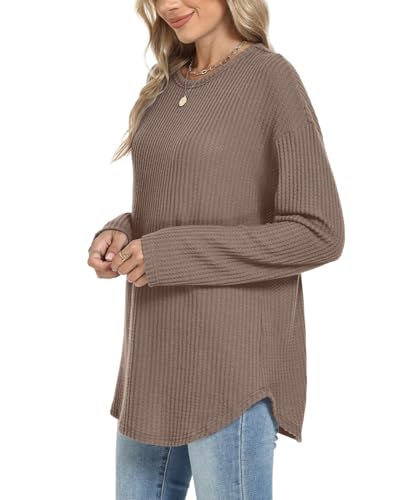 XIEERDUO Women Tunic Tops Dressy Casual Long Sleeve Shirts Fall Trendy Waffle Knit Crewneck Curved Hem Fashion Clothing 20254