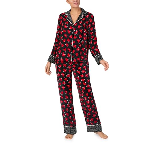 kate spade new york Women's 2-Piece Pajama Set, Notch Collar Long Sleeve Top & Pants, Contrast Cuffs, Silky Charmeuse