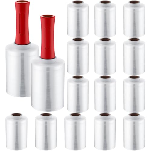 Jutom 16 Pcs Stretch Wrap Roll Plastic Wrap for Moving with 2 Handles 5" x 1000 ft Packaging Shrink Film Self Adhering Shipping Supplies for Moving Furniture Pallet (Clear, Red)