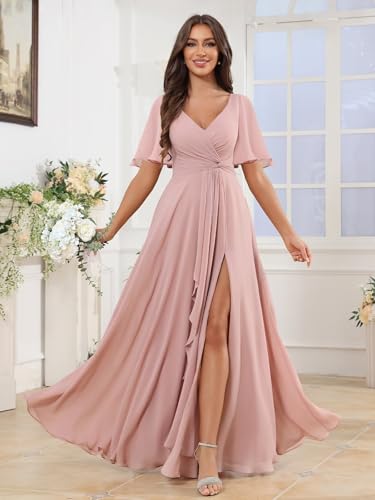 VGZ Women's V Neck Bridesmaid Dresses with Sleeves Pocket Chiffon Long A Line Formal Evening Gown2