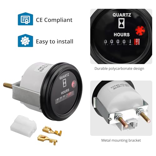 AUTOUTLET Runder Quarz-Betriebsstundenzähler 12-72V DC/AC, Mechanischer Betriebsstundenzähler mit Metallbügel, Wasserdichter Motor-Stundenzähler für Motorrad, ATV, Schneemobil, Rasen