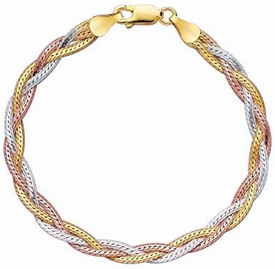 JewelStop Silver Rose Rhodium Yellow Shiny Diamond-Cut Tri-Color Fancy Weave Anklet Bracelet - 10 Inches, 6.1gr
