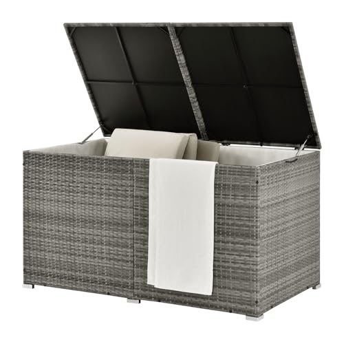 Juskys Polyrattan Auflagenbox Ikaria 950 L inkl. Deckel mit Hubautomatik & Innenplane - Kissenbox 145 x 82 x 79 cm für Garten - Gartenbox grau-meliert