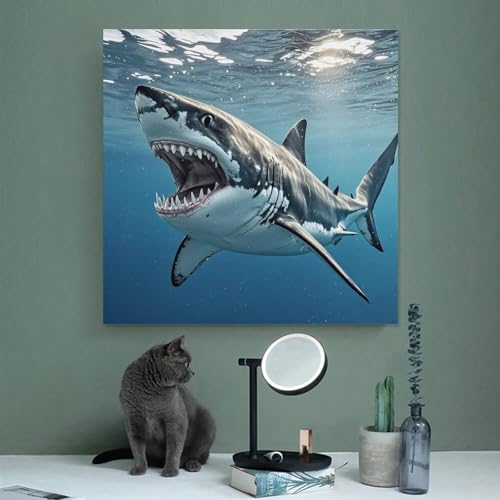 Toile murale grand requin blanc impression abstraite moderne 70x70 cm