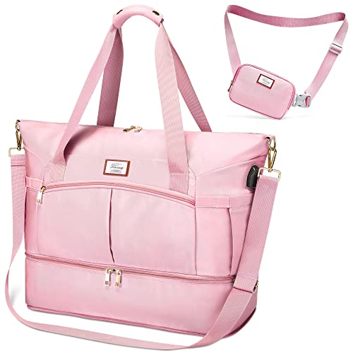 Travel Bags For Women, Sports Gym Duffle Bag With Foldable Shoe Compartment, Large Weekender Overnight Bag With Wet Pocket And Usb Charging Port For Women Girls Traveling, Gym Tote, Yoga (Pink) #TOP7