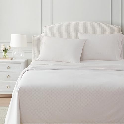 Image of Martha Stewart - Twin XL Size Sheet Set, Breathable Cotton Percale Bedding with Matching Pillowcase, Fully Elastic Fitted Sheet, Deep Pocket, Crisp & Cooling All-Season Comfort (Polka Dot Pink)