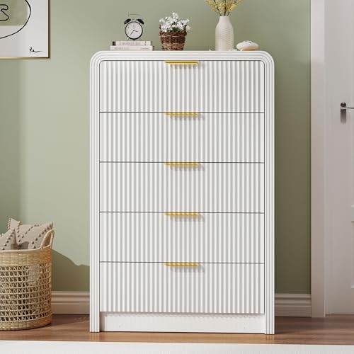 Image of Decofy Fluted 5 Drawers Dresser, 48 inch Tall Modern Chest of Drawers with Round Edge & Metal Handle, Wood Drawer Organizer for Living Room, Bedroom, Entryway, Hallway (White)