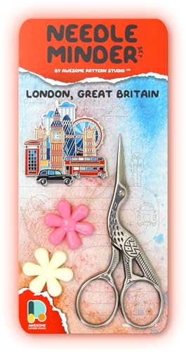 Image of Awesome Pattern Studio Needle Minder Set - London Magnetic Needle Minder + 2 Needle Threaders + Crane Scissors. Enamel Pin for Cross Stitch, Embroidery and Craft