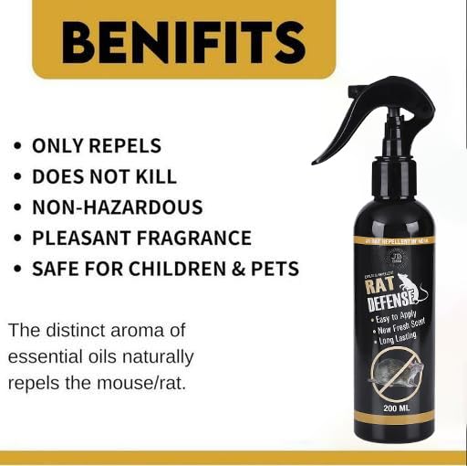 Image of Rat Defence Spray, Natural Rodent Repellent, Black Bottle, 200ml, Easy to Apply, Long Lasting Home, Rat Defense For Car Pack Of 2 (Chamomile)