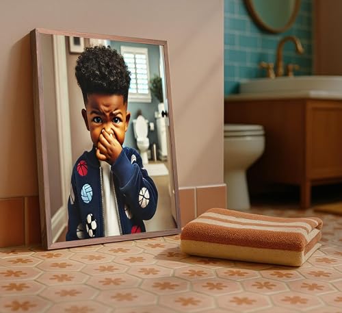 Funny Black Boy Bathroom Canvas Wall Art Humor African American Kids Stank Face Bathroom Unpleasant Smell Cover Nose Picture Wall Decor Print Artwork for Kids Washroom Toilet Home Decor Unframed — view 6