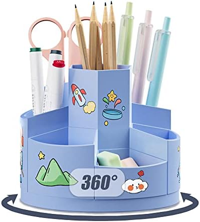 360° Rotatable Rotating Pen Caddy, Creative Pen Pot, Desktop Stationary Organizer, with 2 Piece Cartoon Stickers, with 7 Compartments and Anti Slip Mat, for Office Storage, Dressing Table (Blue)